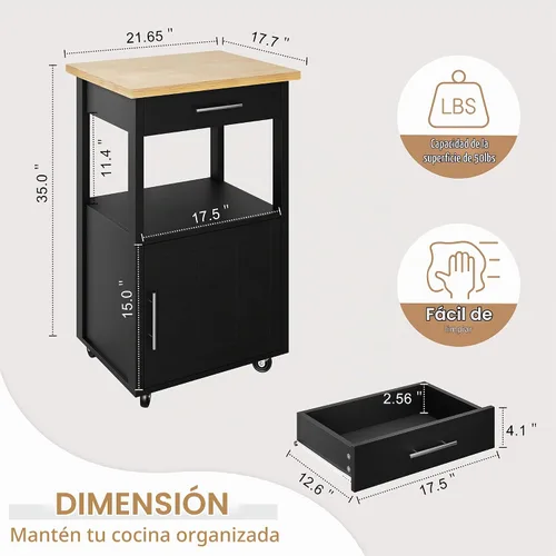 Vista 3 de Shintenchi - Carrito de isla de cocina con almacenamiento, mesa rodante Negro-22 pulgadas
