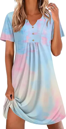 Vista 22 de Ekouaer Camisones para mujer de algodón Vestidos de noche Plisados Camisones Henley Cuello en V Camisas de dormir de manga corta Ropa de dormir
