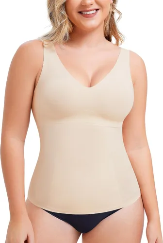 Vista 2 de LODAY Shapewear - Camiseta sin mangas con control de abdomen para mujer, camiseta de compresión con cuello en V, camiseta para adelgazar el cuerpo