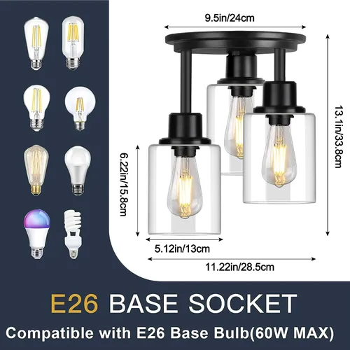 Vista 3 de ROTTOGOON Lámpara de Techo Semiempotrada, Accesorios de Luz de Techo de 3 Luces Cerca del Techo, Accesorios de Luz de Cocina Negro Mate