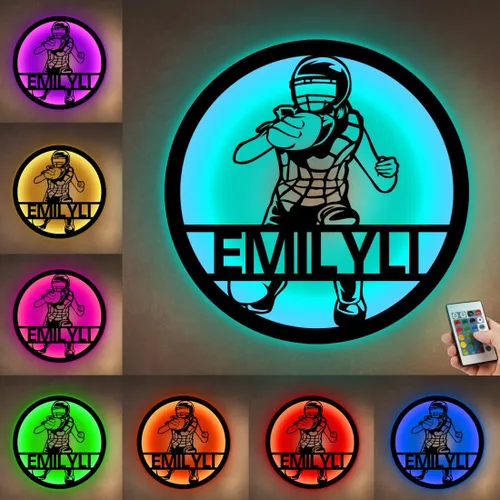 Vista 10 de Letrero de metal personalizado para jugador de sóftbol con luz LED, nombre y número personalizado, arte de pared de sóftbol, letrero de neón