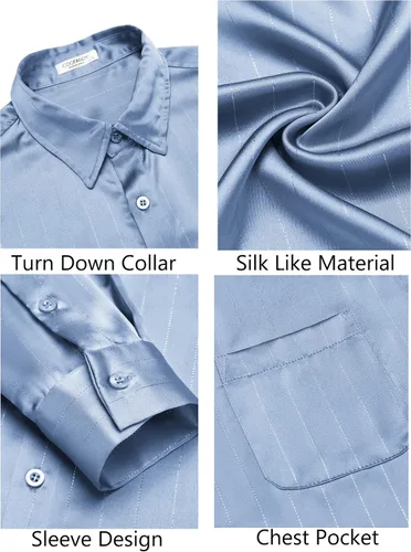 Vista 5 de COOFANDY Camisa de vestir de satén de lujo para hombre, de seda brillante, manga larga, con botones, para boda, fiesta, baile de graduación