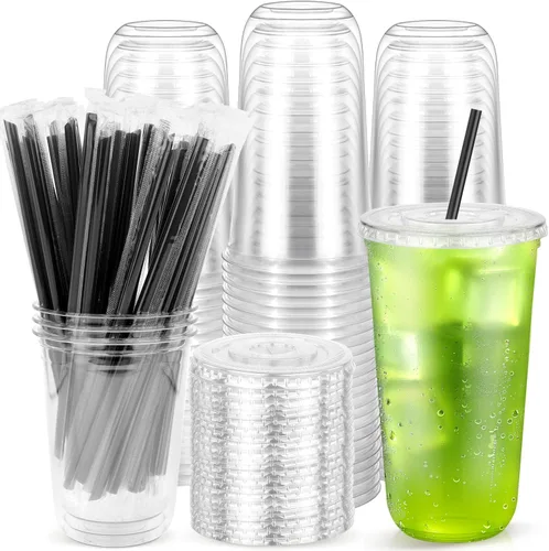 Vista 10 de Paquete de 100 vasos de plástico transparente con tapas planas y pajitas, tazas desechables de 12 onzas para café helado, vasos de plástico