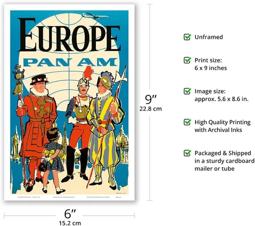 Vista 2 de Europa – Pan American World Airways – Guardia suiza pontificia británica Yeomen of the Guard – Póster vintage de viaje de aerolínea c.1950s