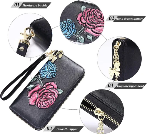 Vista 5 de FEITH & FELLY - Cartera con bloqueo RFID para mujer, de cuero grabado en relieve, talla única