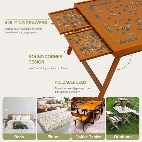 Vista 4 de TEAKMAMA Tablero de rompecabezas de madera de 1500 piezas con 4 cajones, mesa de rompecabezas plegable con cubierta protectora, tablero de Marrón