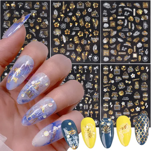 Vista 11 de Calcomanías de arte de uñas doradas, diseño de sol, luna, estrellas, línea de corazón, flores, calcomanías autoadhesivas para uñas, calcomanías