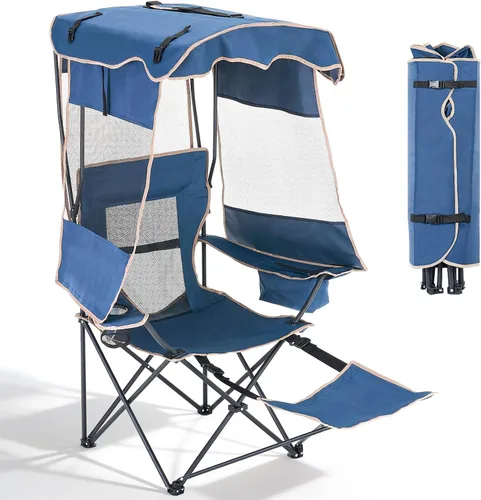 Vista 8 de DoCred Silla de playa con toldo plegable, portátil y plegable, con bolsa enfriadora y soporte para tazas, tumbonas de playa reclinables