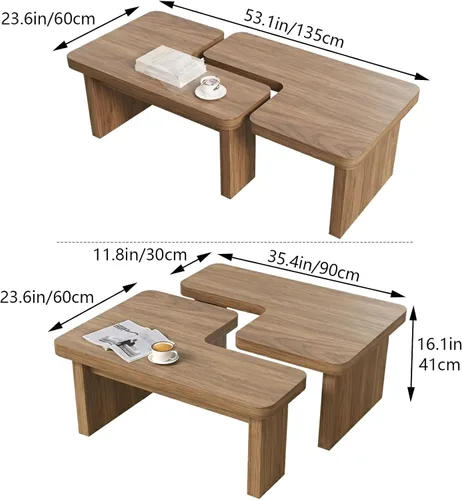 Vista 3 de Mesa de centro de granja, mesa central decorativa de 53 pulgadas con base gruesa, múltiples diseños, cambia entre mesa cuadrada y rectangular