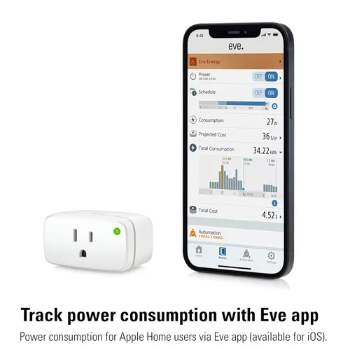 Vista 6 de Eve Energy (Matter) Paquete de 2 – Enchufe inteligente, control por aplicación y voz, 100% privacidad, Matter over Thread, funciona con Apple Home