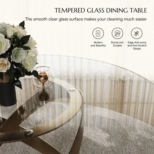 Vista 4 de POVISON Juego de 4 sillas de comedor redondas de lino y algodón con mesa de comedor de vidrio (mesa de comedor de 51 pulgadas + 4 sillas)