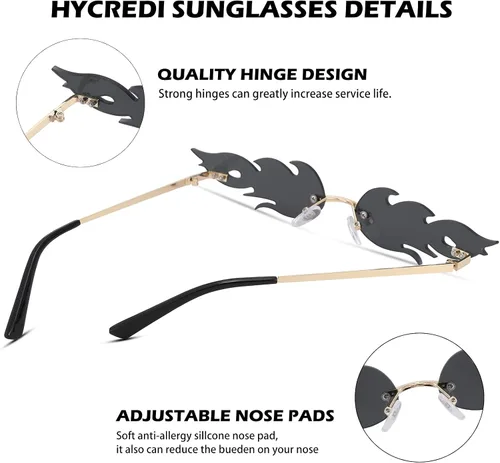 Vista 6 de Fire Flame Sunglasses for Women Men Retro Rimless Wave Fire Shaped Glasses Halloween Party Frameless Eyewear