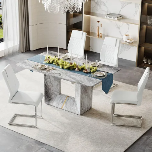 Vista 10 de Juego de mesa de comedor para 4, juego de mesa de comedor de 5 piezas con sillas, mesa moderna de mármol sintético de 63 pulgadas con 4 sillas