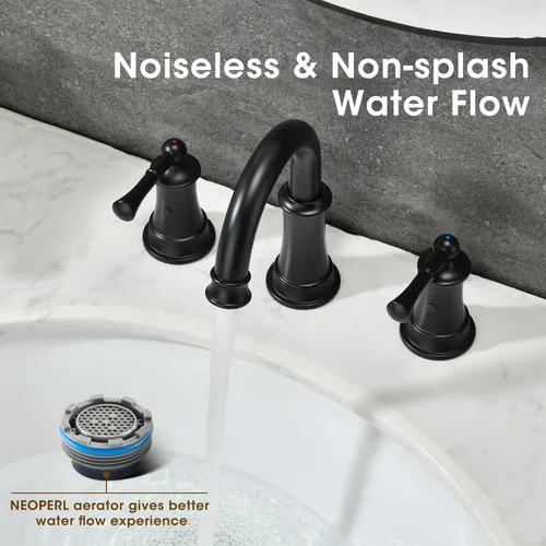Vista 5 de Llave de baño negra, llave de lavabo de baño de 8 pulgadas con conjunto de drenaje emergente, llave de baño generalizada con líneas de suministro