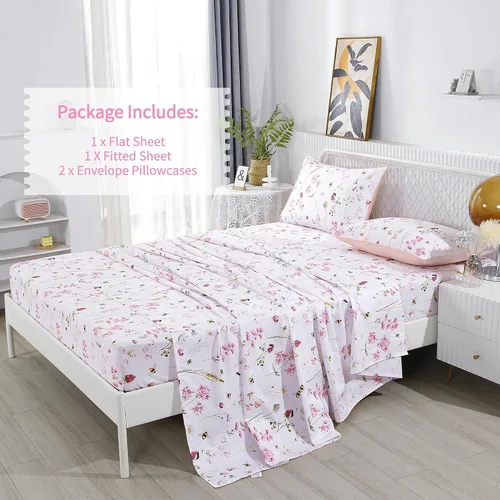 Vista 2 de RYNGHIPY Juego de sábanas de algodón con estampado floral de abejas Shabby, con fundas de almohada, juego de ropa de cama de algodón egipcio