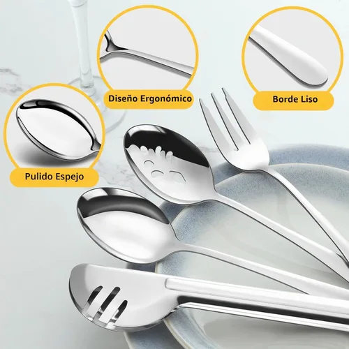 Vista 3 de Pleafind Juego de 16 utensilios de servir de acero inoxidable con cucharas de servir, cucharas de servir ranuradas, tenedores para servir y pinzas