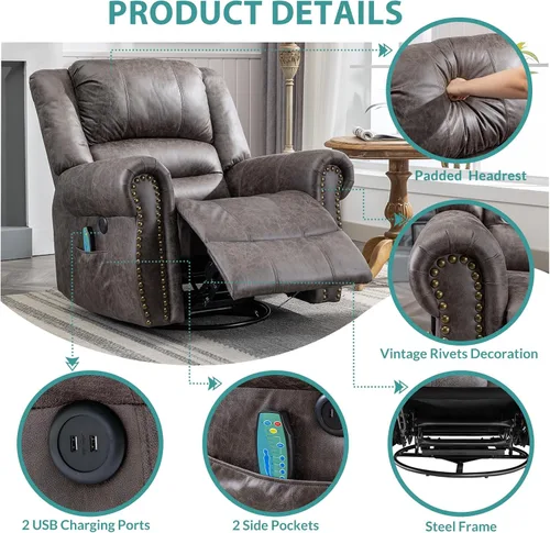 Vista 5 de MEETWARM Sillón reclinable giratorio de masaje con calor y vibración, mecedora manual mecedora, silla reclinable giratoria de 360° con control Gris