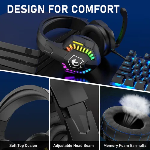 Vista 4 de Auriculares con cable para juegos con retroiluminación RGB arco iris, micrófono retráctil con aislamiento de ruido, sonido estéreo, graves