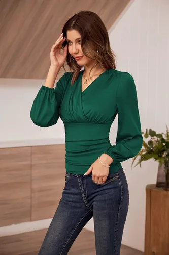 Vista 6 de GRACE KARIN Blusa elegante para mujer, cuello en V, manga larga, ajustada, fruncida