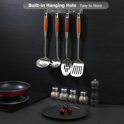Vista 3 de Juego de utensilios de cocina de acero inoxidable 304 con mango de madera, juego de utensilios de cocina aptos para lavavajillas, espátula ranurada