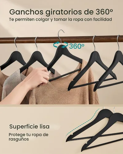 Vista 6 de SONGMICS Perchas de madera, paquete de 20, perchas para abrigos, barra para pantalones, ganchos giratorios de 360°, madera de abedul maciza, 0.3