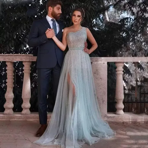 Vista 4 de Vestido de fiesta de noche con lentejuelas de un hombro para mujer, vestido de fiesta formal de tul brillante, vestido de noche de boda