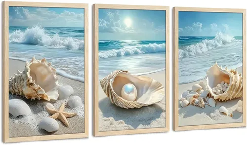 Vista 17 de SYWENNOI 3 piezas de arte de pared de playa con marco de madera, juego de 3 impresiones costeras, conchas marinas, estrellas de mar, olas, orilla