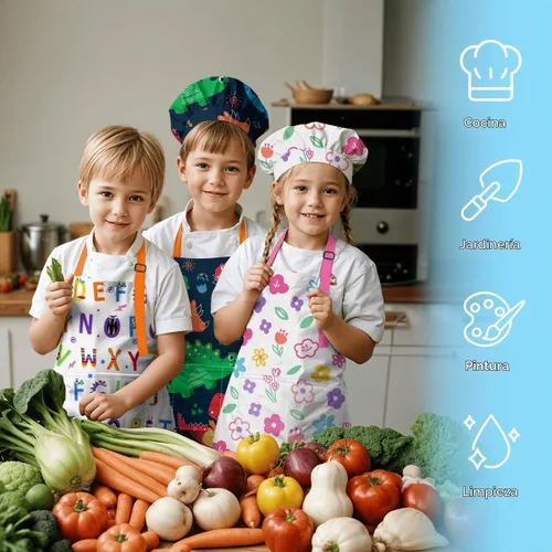 Vista 5 de SANDJEST Juego de delantal para niños con gorro de chef, regalos de delantal de cocina Alfabeto