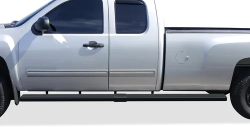 Vista 25 de APS - Estribos iBoard para Chevrolet con cabina extendida de 2 puertas completas + 2 puertas de apertura inversa, 4 pulgadas, Aluminio negro