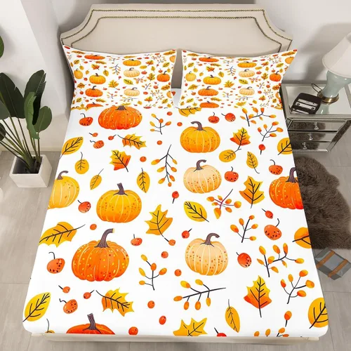 Vista 44 de Erosebridal Divertida sábana bajera ajustable de Halloween para niños, lindo juego de ropa de cama de calabaza fantasma, decoración de Halloween