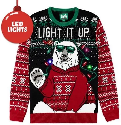Vista 2 de The Ugly Sweater Co. Suéter feo de Navidad con luces LED, ajuste cómodo, diseños de suéter feo con luz activada por movimiento