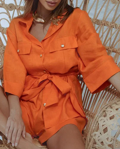 Vista 5 de Fixmatti Conjunto de 2 piezas de camisa y pantalones cortos de manga corta con cuello en V y botones, Naranja