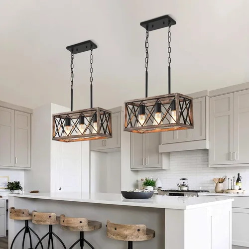 Vista 3 de KEESFU Iluminación de isla de cocina de granja, accesorios de iluminación colgante de 3 luces, altura ajustable, luz industrial para comedor de sala