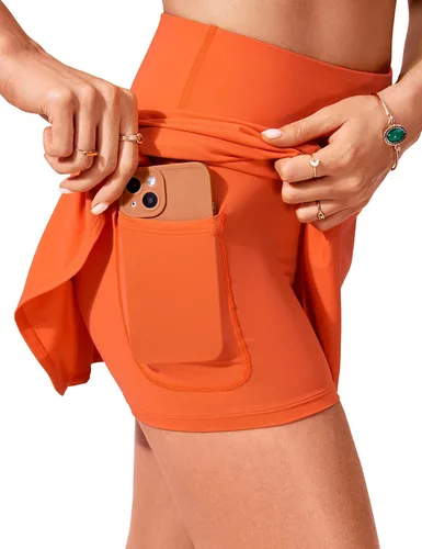 Vista 4 de CRZ YOGA Falda de natación de cintura alta para mujer, falda pantalón plisada, falda de baño atlética con bolsillo lateral