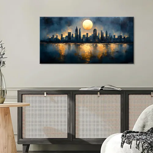 Vista 6 de GAFSING Lienzo decorativo para pared, diseño de luna dorada, paisaje urbano, impresiones en lienzo abstracto, pintura artística, imagen, decoración