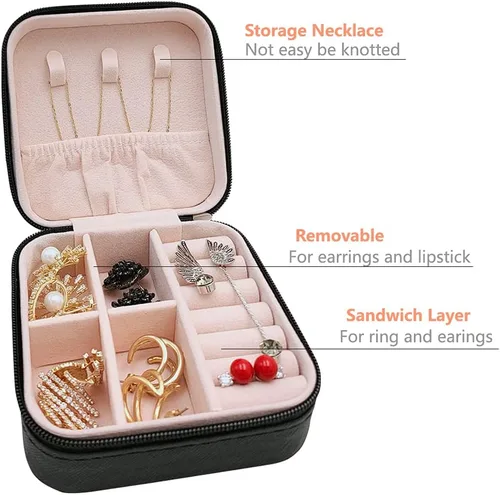 Vista 4 de Mini estuche de viaje para joyas, pequeña caja organizadora de joyas portátil, caja de almacenamiento portátil para anillos, aretes, collares