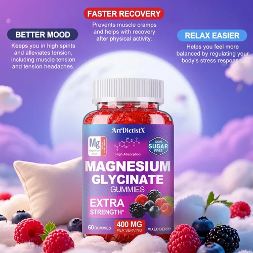 Vista 4 de Gomitas de glicinato de magnesio 400mg, gomitas de magnesio sin azúcar para adultos con malato de magnesio, zinc y vitamina B6 para dormir, apoyo