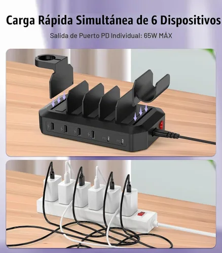 Vista 6 de Estación de carga rápida de 95W para múltiples dispositivos【Certificados de patente y seguridad】 Estación de carga USB de 6 puertos con 2 puertos PD