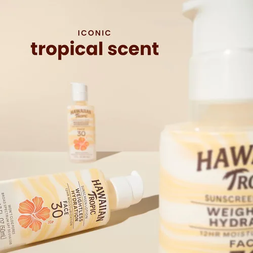 Vista 4 de Loción protector solar Hawaiian Tropic Weightless Hydration SPF 30 para rostro, 1.7 oz Loción protector solar de tamaño para viajar, elementos