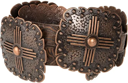 Vista 5 de Angel Ranch Cinturón de cuero en relieve floral negro para mujer con conchos cuadrados de tono plateado antiguo, hebilla extraíble