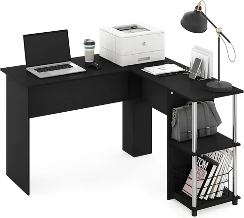 Vista 18 de Furinno Escritorio clásico, escritorio para juegos en forma de L de 40 pulgadas de ancho, escritorio para computadora, escritorio con estantes