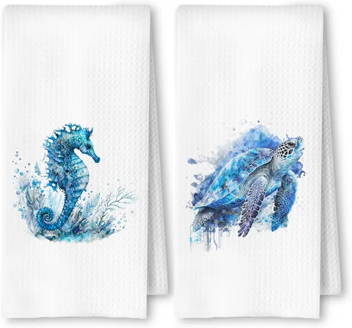 Vista 7 de Toallas de mano de playa costera con diseño de medusa, pulpo, caballito de mar y tortuga para baño, juego de 4, toallas de cocina de playa costera