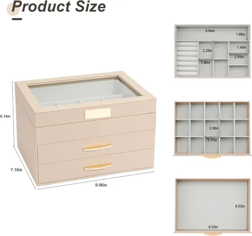 Vista 7 de V-LAFUYLIFE Organizador de joyas, caja de joyería de cuero de 3 niveles con 2 cajones, joyero para mujeres y niñas, caja de joyería de gran