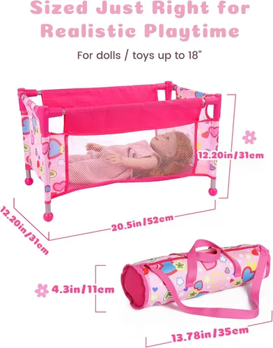 Vista 2 de BABESIDE Juego de cuna para muñecas de 18 pulgadas, cama de muñeca de bebé, cuna de juguete con bolsa de almacenamiento para accesorios de muñeca