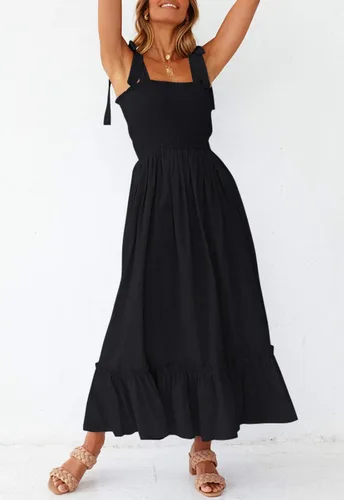 Vista 7 de ZESICA vestido bohemio y liso de verano para mujer acampanado con tirantes delgados cuello cuadrado y volantes vestido largo para la playa