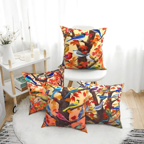Vista 3 de Ouqiuwa Juego de 4 fundas de almohada coloridas con diseño de pájaros de 12 x 12 pulgadas, cuadradas, decorativas, con hojas de arce otoñales