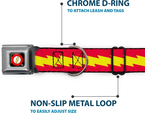 Vista 5 de Collar de perro hebilla de cinturón de seguridad The Flash Bolt Stripe Rojo Amarillo 9 a 15 pulgadas 1.0 pulgadas de ancho, DC-WFL025-S