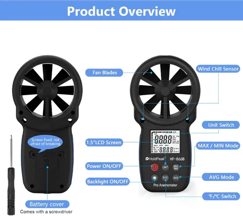 Vista 9 de HoldPeak 866B Anemómetro Digital Portátil Medidor de Velocidad del Viento para Medir Velocidad del Viento, Temperatura y Sensación Térmica
