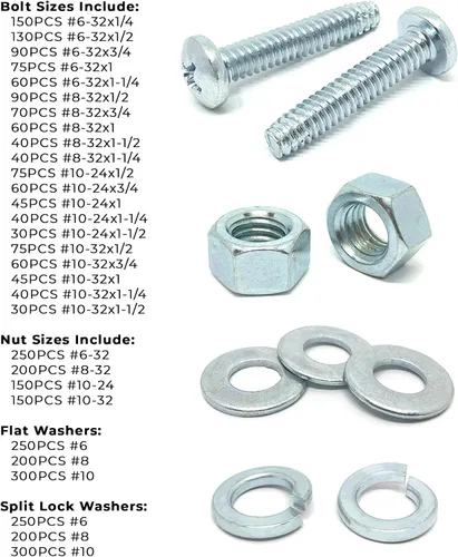 Vista 4 de #6#8#10 Phillips Pan Head Tornillos de máquina Tornillos planos y arandelas divididas y tuercas hexagonales Set surtido