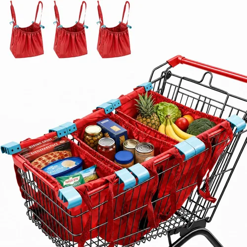 Vista 10 de Handy Sandy Paquete de 3 bolsas de compras reutilizables, bolsas resistentes para carrito de comestibles con clip universal, bolsas plegables